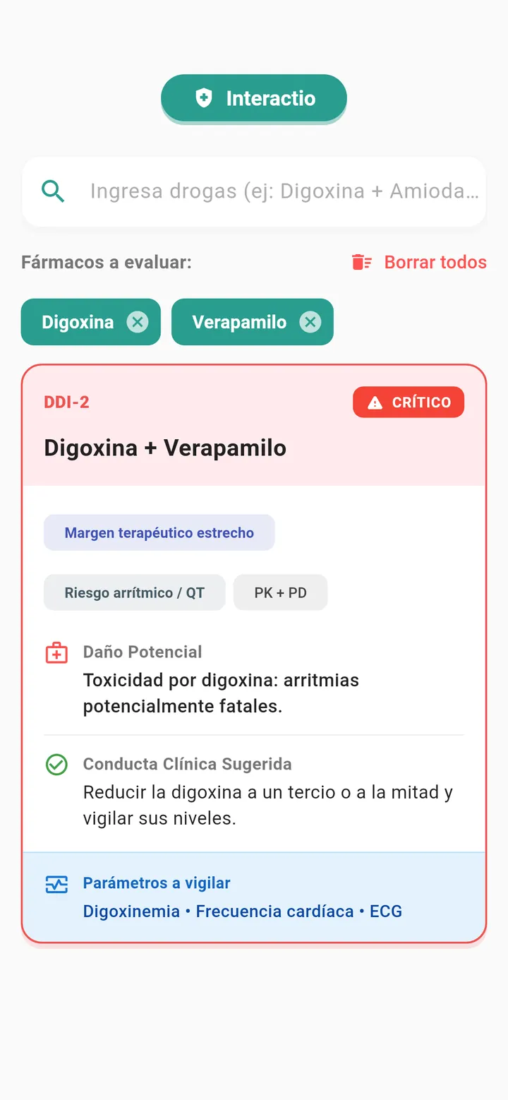 Interactio mostrando una interacción crítica entre digoxina y verapamilo