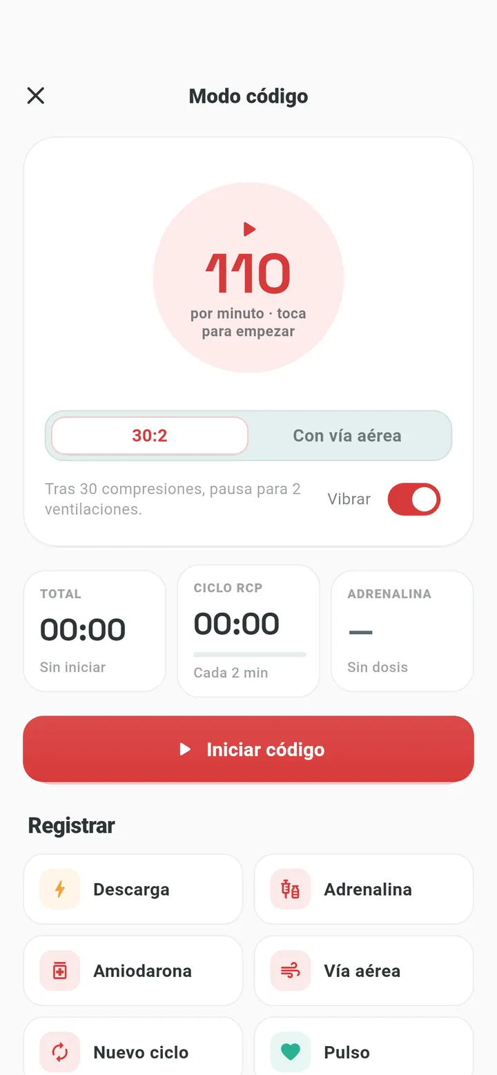 Modo código de soporte vital: metrónomo de RCP, cronómetros y registro de adrenalina